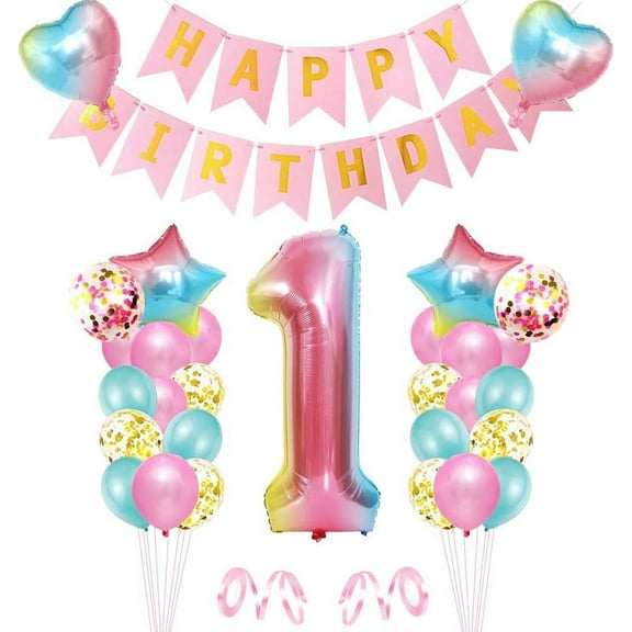 WSNIJFU1st Birthday Decorations for Girls, Happy Birthday Banner with Pink Digital Number 1 Balloon, Latex & Confetti Balloons, Star & Heart Giant Foil Balloons