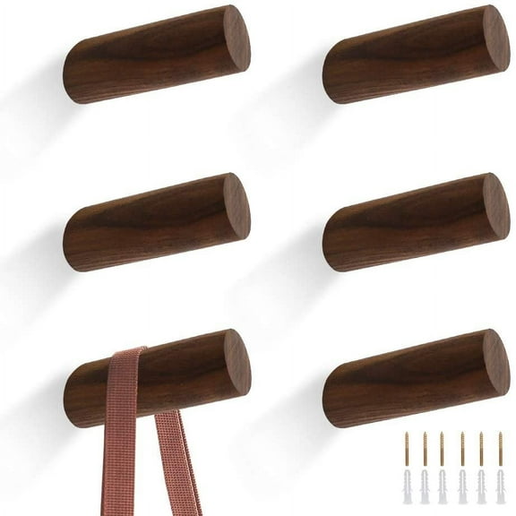 QUMENEY 6PCS Wooden Coat Hooks for Wall, Wood Wall Hat Hook for Closet Bedroom Bathroom Entryway, Modern Wood Pegs Single Coat Rack Hooks for Hanging Clothes Coats Hats Towels (8CM/3.15in) (Black)
