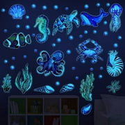 WSNIJFU 52 Pcs Ocean Fish Wall Decals Glow in The Dark Under The Sea Wall Decals Sea Animals Wall Stickers Removable Waterproof Peel and Stick for Kids Bathroom Watercolor Ocean Decor Funny Style