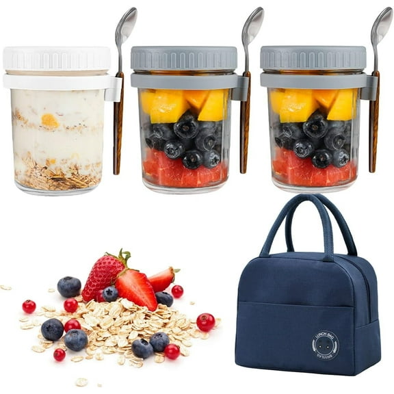 WSNIJFU 3Pcs Overnight Oats Container, 10 Oz Overnight Oats Glass Jar with Lid Spoon Large Airtight Oatmeal Container with Pouch Portable Oatmeal Jar's Suitable for Yogurt, Salad, Cereal