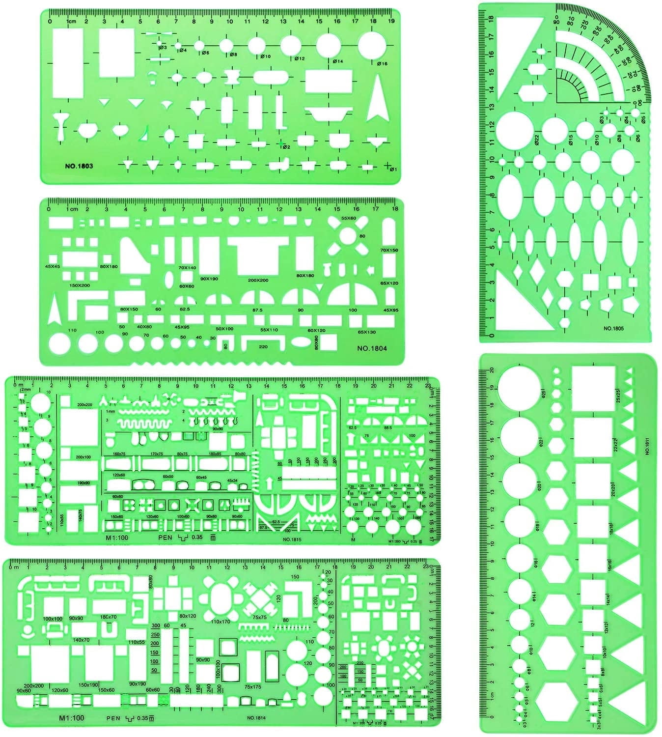 WSNIJFU  6 Pcs Drawing Rulers Plastic Measuring Templates Building Measuring Rulers Stencils Geometricfor Office , Clear Green