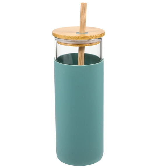 Portable Beverage Cup with Straw and Bamboo Lid for Home Use Glass Cup with Silicone Sleeve 9.5 oz