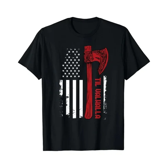 QUNHSHIRT American Viking Axe Flag - Til Valhalla - Norse Mythology T-Shirt Unisex S-5XL Hot Trending Shirt, Vintage Birthday Gift