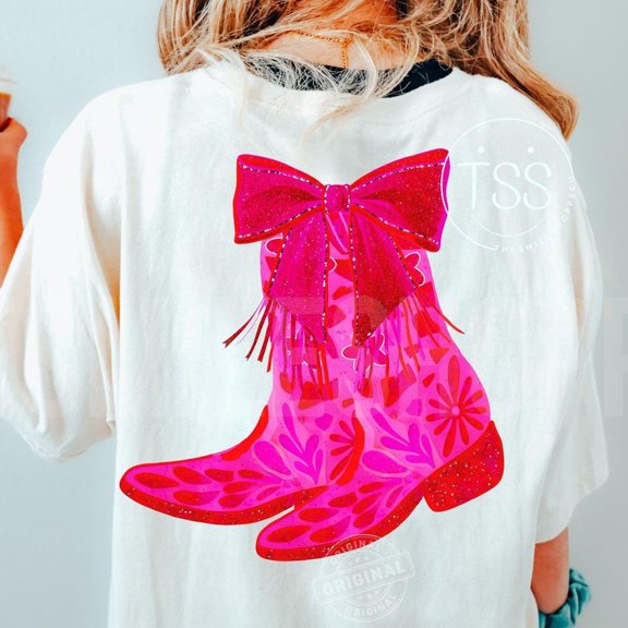 QUNHSHIRT Boho cowgirl boot and flowers Western Bow Cowgirl Shirt Faux Glitter Sequins Sparkly Cowgirl Shirt Sparkly Boots Western Cowboy Boots Shirt Unisex S-5XL Hot Trending Shirt