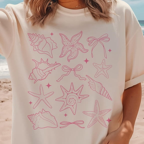 QUNHSHIRT Coquette Seashell Shirt, Beach Shirt, Pink Coastal Shirt, Retro Summer Shirt, Summer Vibes Shirt, Summer Coquette Shirt, Vintage Summer Shirt, Girls Trip Unisex S-5XL Hot Trending Shirt