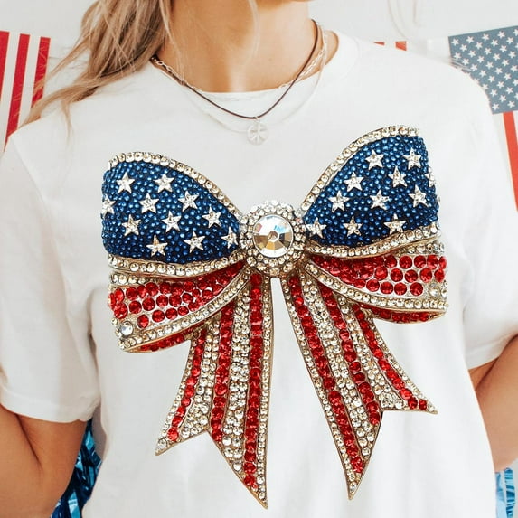QUNHSHIRT Faux Rhinestone USA Coquette Bow Shirt, Girly Red White Blue 4th of July, Patriotic American Girl Memorial Day Shirt Unisex S-5XL Hot Trending Shirt, Vintage Birthday Gift