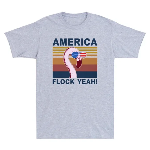 QUNHSHIRT Flamingo America Flock yeah America Flag Vintage Men's Short Sleeve T-Shirt Unisex S-5XL Hot Trending Shirt, Vintage Birthday Gift