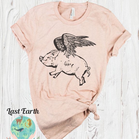 QUNHSHIRT Flying Pig Shirt, Vintage Soft Shirt, Unisex T-Shirt, Funny Pig Shirt, Mens Womens Pig Tshirt, Peach Shirt Unisex S-5XL Hot Trending Shirt, Vintage Birthday Gift