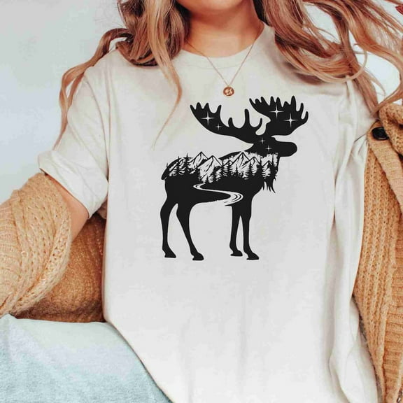 QUNHSHIRT Moose Shirt, Mountain Range Moose Shirt, Nature Moose Shirt, Moose Outdoor Tee, Moose Silhouette Tee, Hiking Tee, Outdoor Shirt,Hunting Gift Unisex S-5XL Hot Trending Shirt