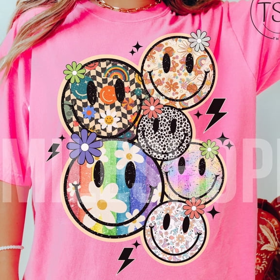 QUNHSHIRT Retro smile face collage Distressed Smile Rainbow smile face Shirt Summer Shirt Checker smile boho rainbow Shirt groovy Unisex S-5XL Hot Trending Shirt, Vintage Birthday Gift