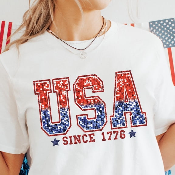 QUNHSHIRT USA glitter Shirt, July 4th faux Glitter Shirt, 4th of July Shirt, Retro Shirt, American Patriotic Shirt, Varsity Shirt, Fourth of July, Trendy USA Unisex S-5XL Hot Trending Shirt