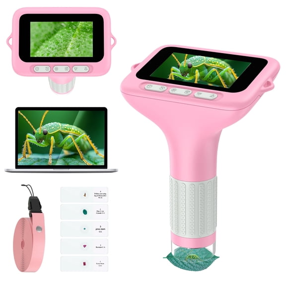 QUNSE Digital Microscope for Kids with 3-Inch IPS Screen, Photo and Video Capture, 8 LED Lights, Rechargeable Handheld Pocket Microscope, Compatible with Windows and Mac (Pink Gray)