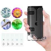 QUNSE STEM Pocket Microscope 100x 250x for Kids, Portable Handheld with LED and UV Light, Phone Adapter, 5 Slides, EVA Carry Case, Grey
