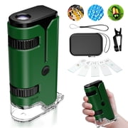 QUNSE Pocket Microscope for Kids and Students, 100x 250x Portable Handheld with LED and UV, Semi-Apochromatic Optics, Phone Adapter and Prepared Slides, Green