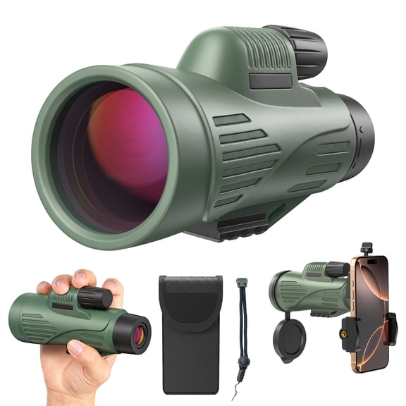 QUNSE 12X50 High Power Monocular for Adults, Military Green FMC Compact Monocular Telescope with Waterproof Fogproof Design, Smartphone Adapter, Wide Field of View for Bird Watching, Hiking, Travel