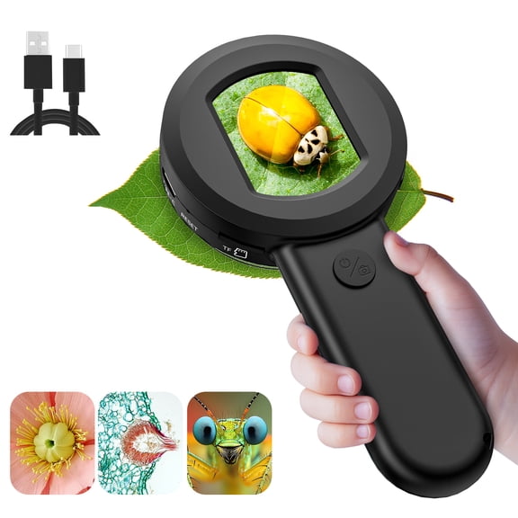 QUNSE Digital Microscope for Kids, 2.0" IPS Screen Handheld Microscope, 2MP CMOS Sensor with Up to 16MP Photos, 8 Adjustable LED Lights, 32GB Card, Rechargeable Pocket Microscope, Black
