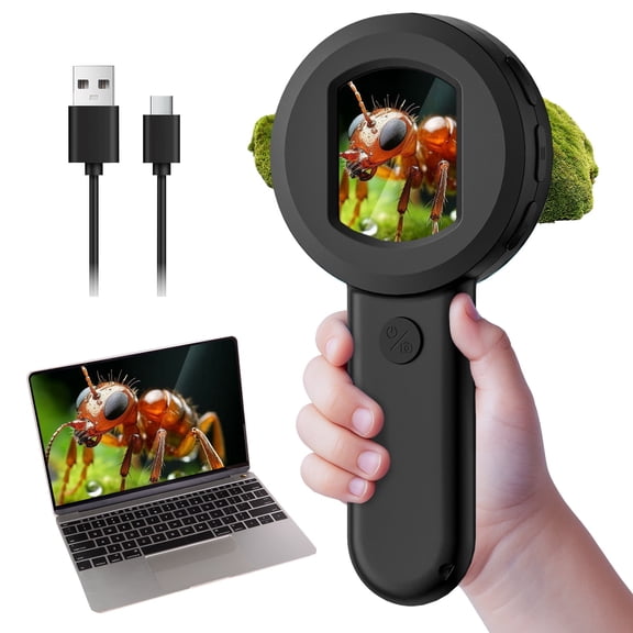 QUNSE Digital Microscope for Kids, 2.0" IPS Display Handheld Science Tool with 8 LED Lights and 16MP Camera, Rechargeable Pocket Microscope, Black