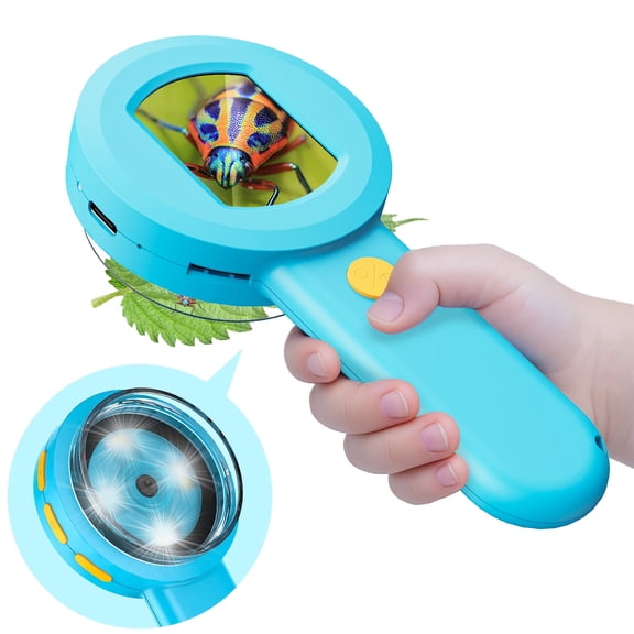 QUNSE Digital Microscope for Kids, 2.0" IPS Screen Handheld STEM Science Toy with 8 LED Lights, Rechargeable Mini Pocket Microscope for Boys and Girls, Blue