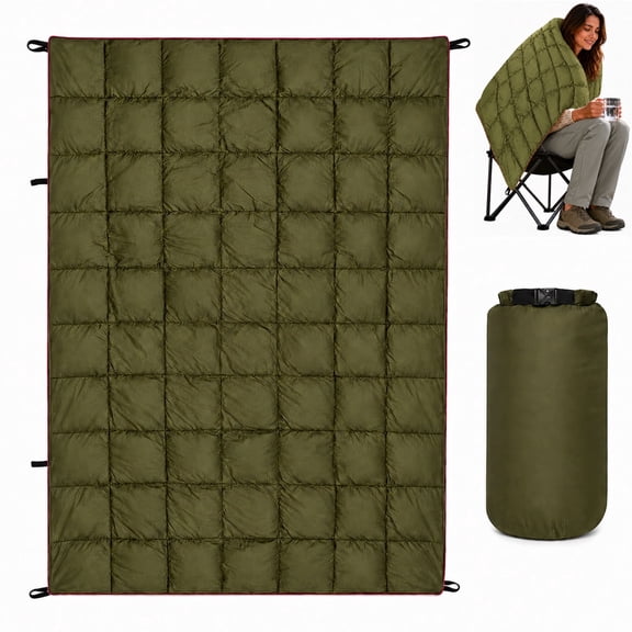 QUNSE Camping Blanket 79" x 55", Lightweight Packable Outdoor Blanket with 150 GSM Insulation, Water-Resistant Camping Quilt with Wearable Buckles & Stake Loops for Hiking, Backpacking, Travel, Green
