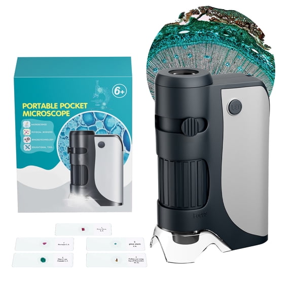 QUNSE Pocket Microscope for Kids and Students with Achromatic Lens, LED and UV Light, Portable Handheld Microscope Kit with 5 Prepared Slides, Carrying Bag, Gift Set (Gray)