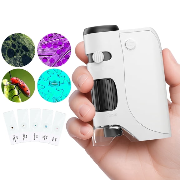 QUNSE Pocket Microscope for Kids and Students with Achromatic Lens, LED and UV Light, Portable Handheld Microscope Kit with 5 Slides, Carrying Bag (White)