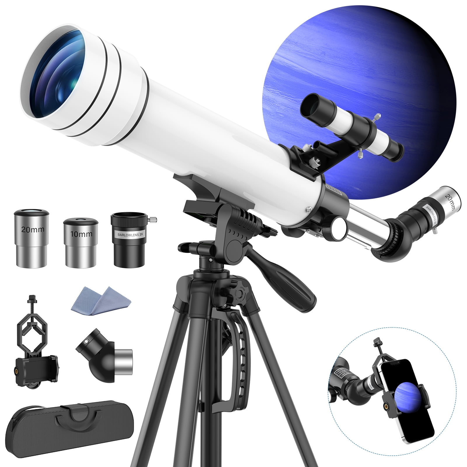 QUNSE 70mm Aperture 500mm Refractor Telescope for Adults, Kids, and Beginners, Portable Astronomical Telescope with Adjustable Tripod, Phone Adapter, Carry Bag for Moon and Planet Viewing