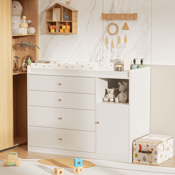 QUNTTINA 45.3'' Modern Solid Wood Changing Table Dresser with 4 Long Drawers and a Door, Baby Diaper Changing Tables,White