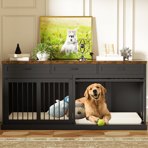 QUNTTINA 70.86'' Large Wooden Dog Cage, Safe & Comfortable 2-Door for 2 Dogs
