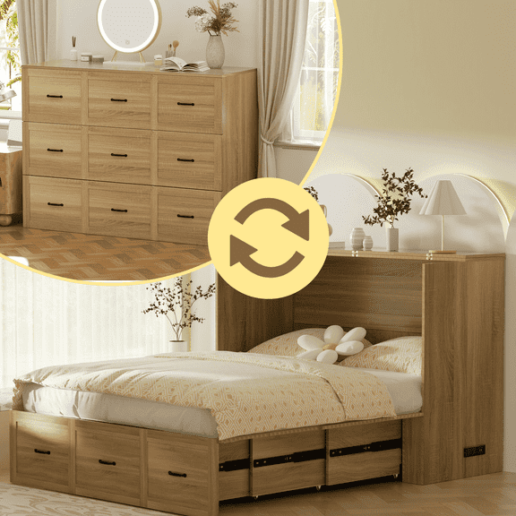 QUNTTINA Murpy Bed with Drawer and USB Charging Station, Space-Saving & Easy Open and Close, 2 in 1 Convertible Chest Bed Cabinet
