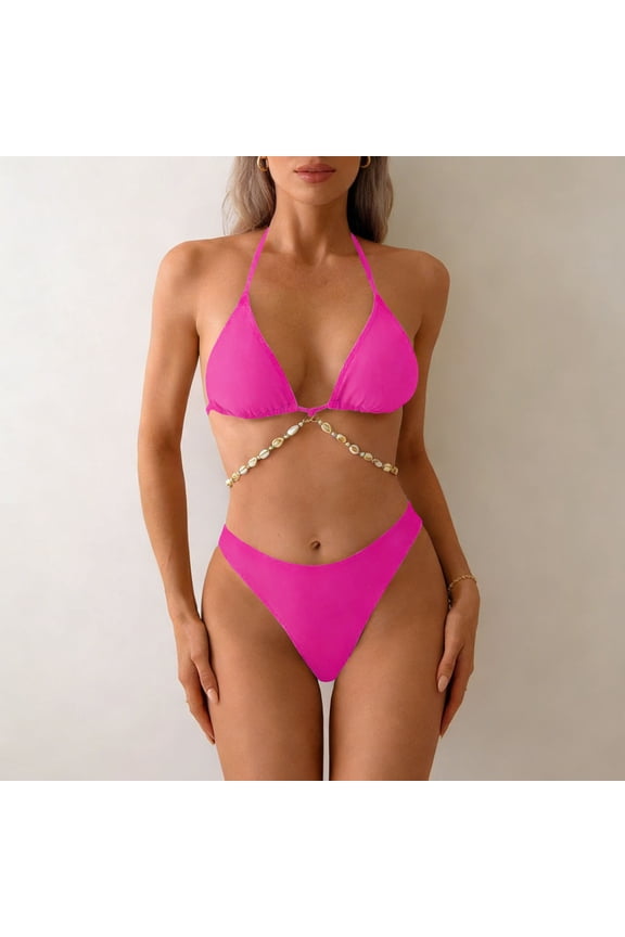 2 Piece Bikinis Sets for Women Halter High Waisted Pink Triangle Swimsuits Tummy Control Women Swimsuit Sets