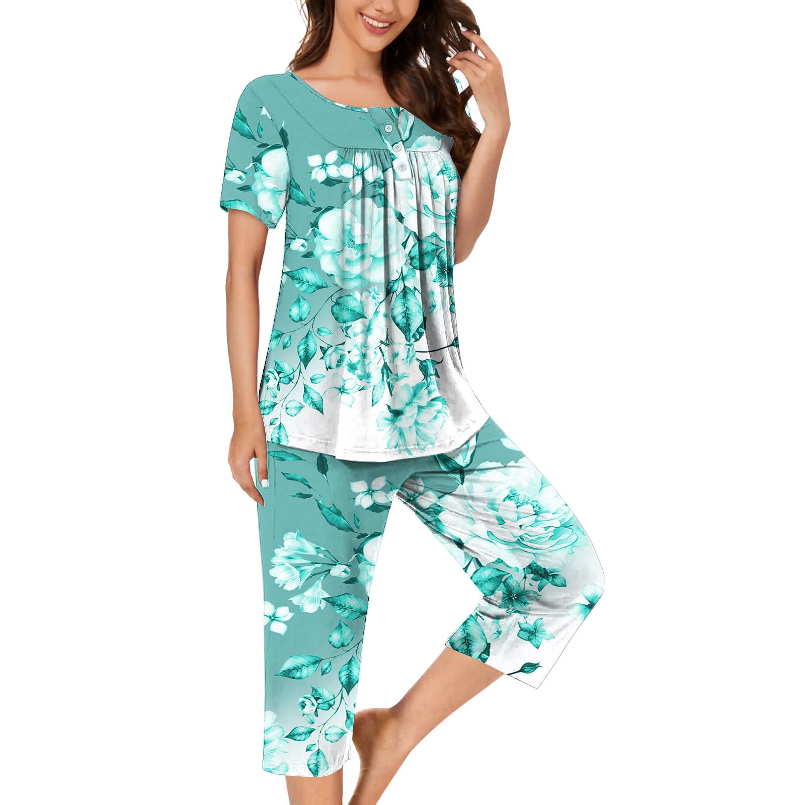 Women Two Piece Cotton Pajama Set in Blue with Round Neck and Lace Detailing for Autumn Comfort