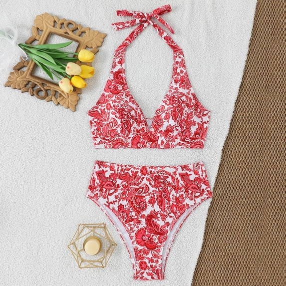 QUNYINEY 2 Piece Womens Bikini Set Floral Halter Push Up High Waisted Bathing Suits Triangle V Neck Swimsuit Sets