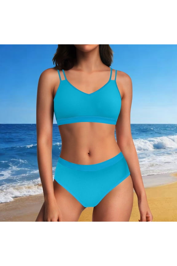 2 Piece Womens Bikini Swimsuits Color Block High Waisted Triangle Standard Straps Swimsuits V Neck Tummy Control Women Swimsuit Sets