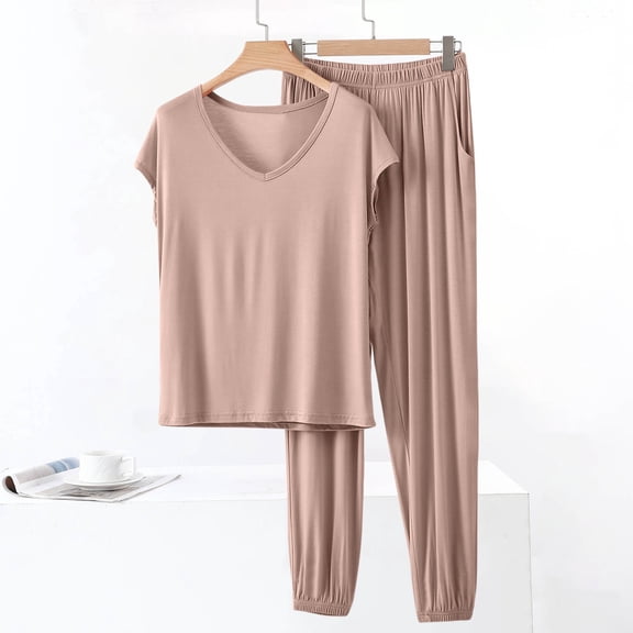 QUNYINEY 2 Piece Womens Pajamas Set Brown Cotton Short Sleeve Soft Top And Pants V Neck Casual Loungewear for Women
