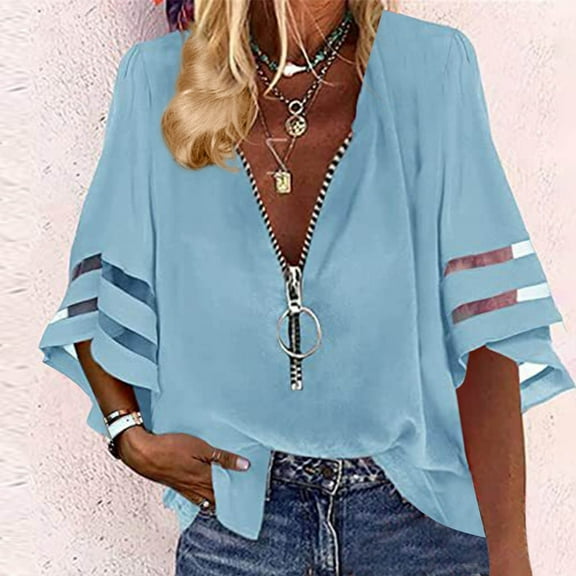 QUNYINEY 3/4 Sleeve Summer Blouses for Women 2025 Solid V Neck Casual Tops Loose Half Zip Cutout Blouses