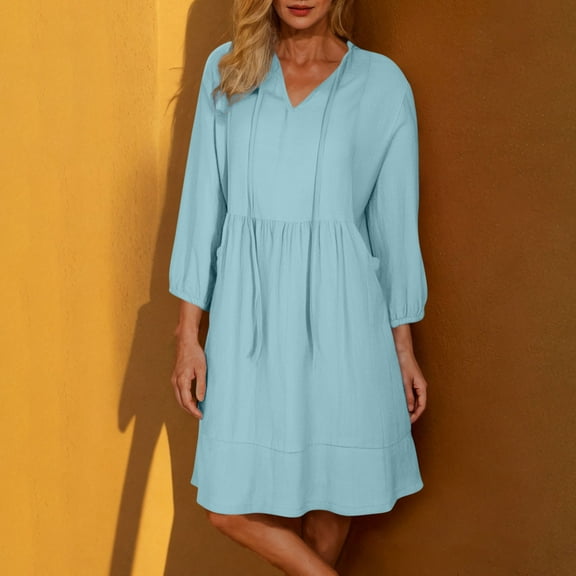 QUNYINEY 3/4 Sleeve Summer Dresses for Women Casual Solid A-Line Dress Flowy V Neck with Pockets Mini Ruffle Dresses