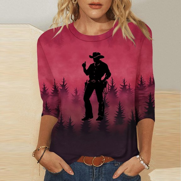 QUNYINEY 3/4 Sleeve T Shirts for Women Crew Neck Western Cowboys Casual Red Tops Drop Shoulder Loose Pullover T-Shirts Womens Tops