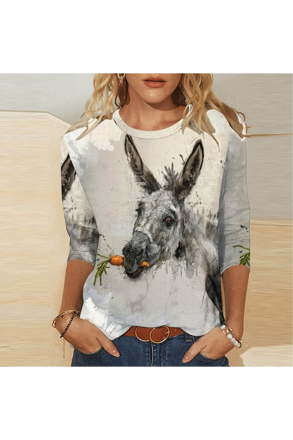 3/4 Sleeve Tshirts Shirts for Women Casual Donkey Crew Neck Yellow Tops Loose Drop Shoulder T-Shirts