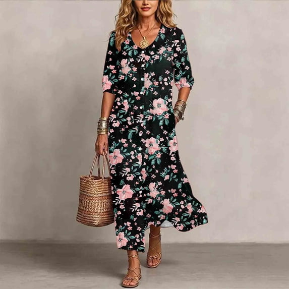 QUNYINEY 3/4 Sleeve Women Dresses with Pockets Floral Long Fall Shirt Dress A Line Collared Button Down Casual Loose Fit Dresses
