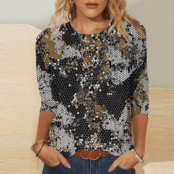 QUNYINEY 3/4 Sleeve Women Shirts Crew Neck Casual Snake Print Black Tops Pullover Loose Graphic Tees