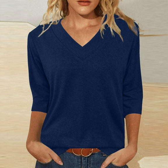 QUNYINEY 3/4 Sleeve Women's T Shirts Casual Solid V Neck Tops Soft Loose Pullover Shirts