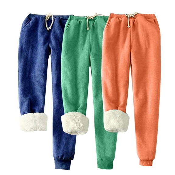 QUNYINEY 3 Pc Pants for Women Winter Jogger Fleece Lined Blue Loungewear Drawstring Blue Workout Elastic Waist Relaxed Fit Pants