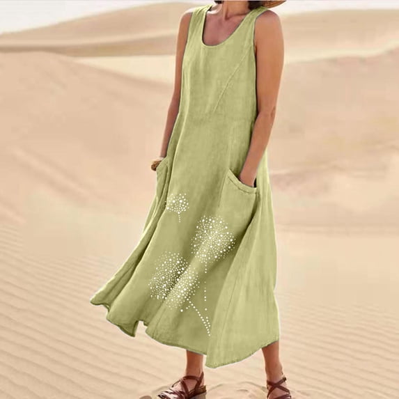 QUNYINEY A Line Dresses for Women Plus Size Floral Sleeveless Cotton Linen Long Sundress with Pockets Casual Crew Neck Loose Fit Dresses S-5XL