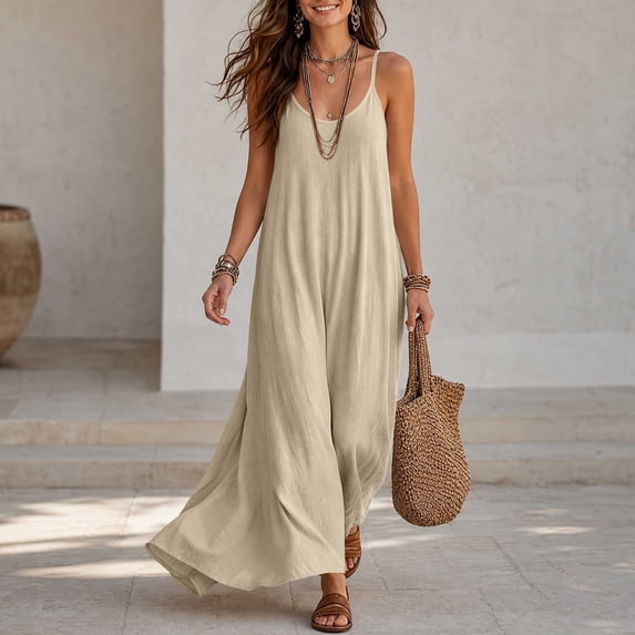 QUNYINEY A Line Everyday Dresses for Women Faux Cotton Linen Sleeveless Long Sundress V Neck Loose Fit Flowy Summer Solid Dresses