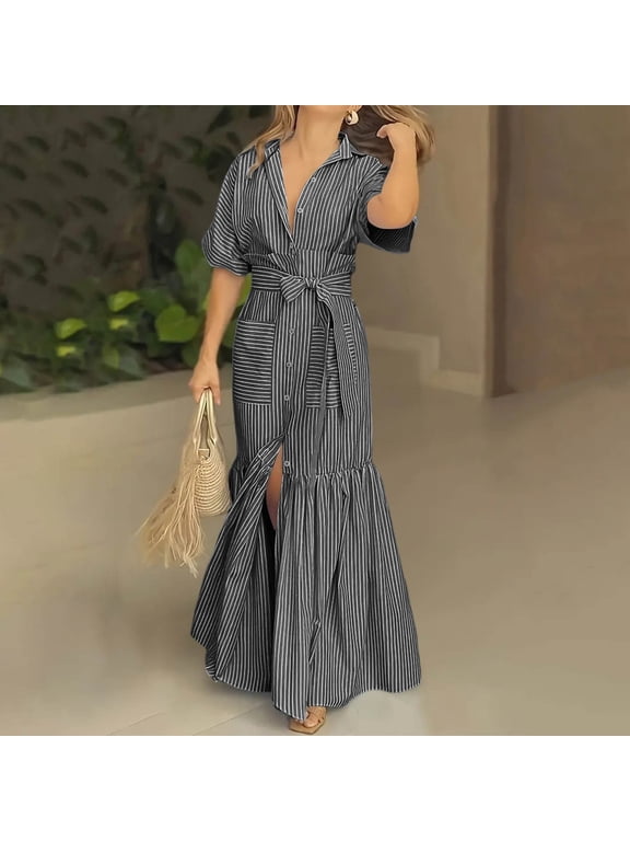 A Line Summer Dresses for Women 2026 Long Short Sleeve Striped Shirt Dress Button Down Collared with Tie Belt Loose Fit Dresses