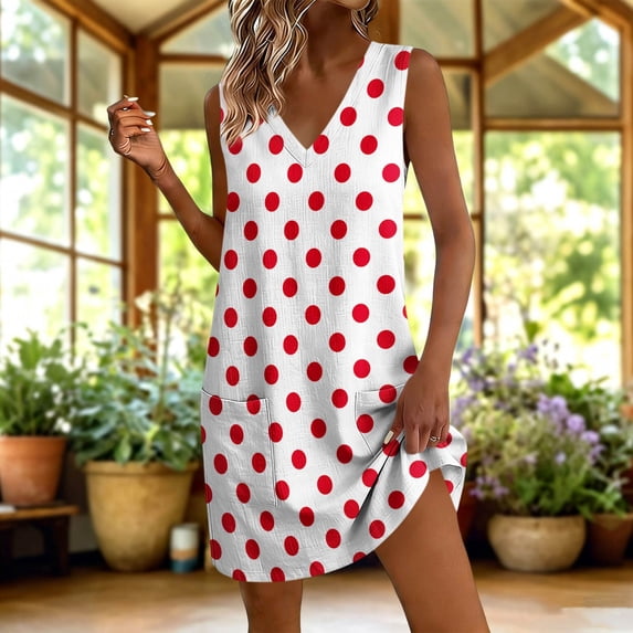 QUNYINEY A Line Sundresses for Women Beach Polka Dot Sleeveless Mini Tank Dress V Neck Casual with Pockets Vacation Loose Fit Dresses