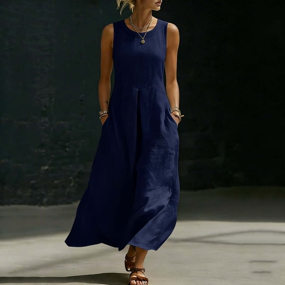 QUNYINEY A Line Sundresses for Women Plus Size Cotton Linen Sleeveless Blue Long Tank Dress with Pockets Loose Fit Crew Neck Summer Dresses