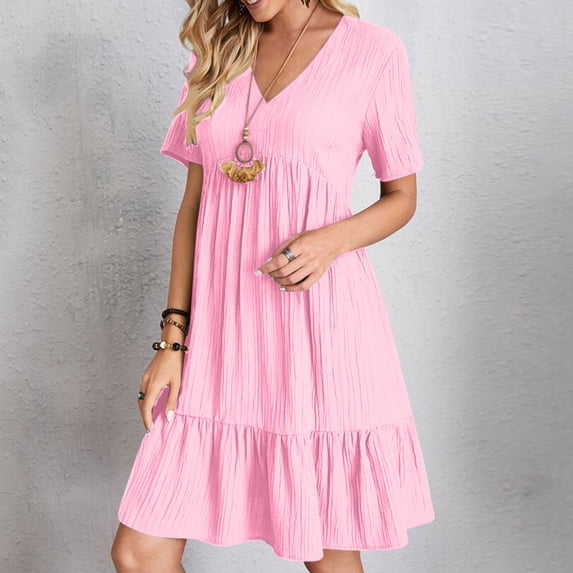 QUNYINEY A-Line Women Dresses Short Sleeve Pink Midi Dresses Peplum V-Neck Summer Loose Fit Dresses