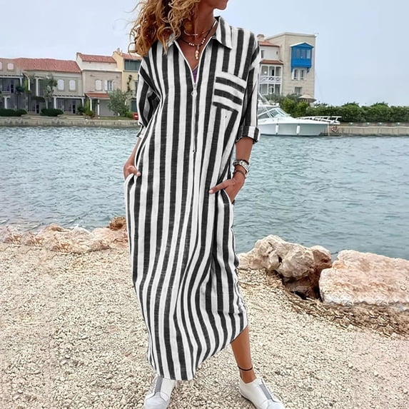 QUNYINEY A Line Women's Dresses Long Sleeve Striped Fall Long Shirt Dress with Pockets Collared Loose Fit Button Casual Dresses