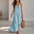 thumbnail image 1 of QUNYINEY A Line Women's Dresses Summer Long Blue Sleeveless Faux Cotton Linen Sundress V Neck Loose Fit Flowy Dresses, 1 of 5